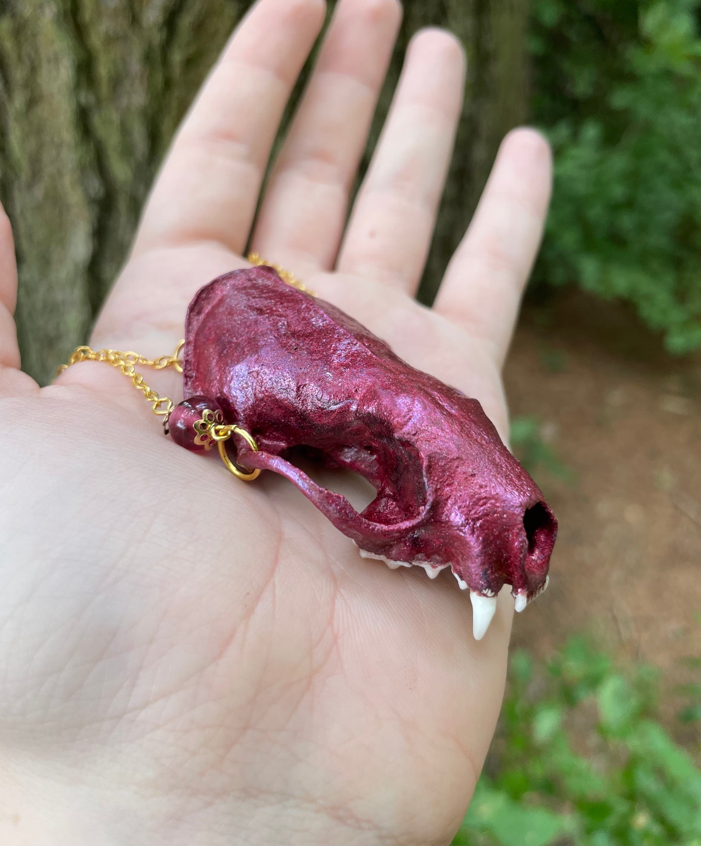 Metallic Burgundy Mink Skull Necklace