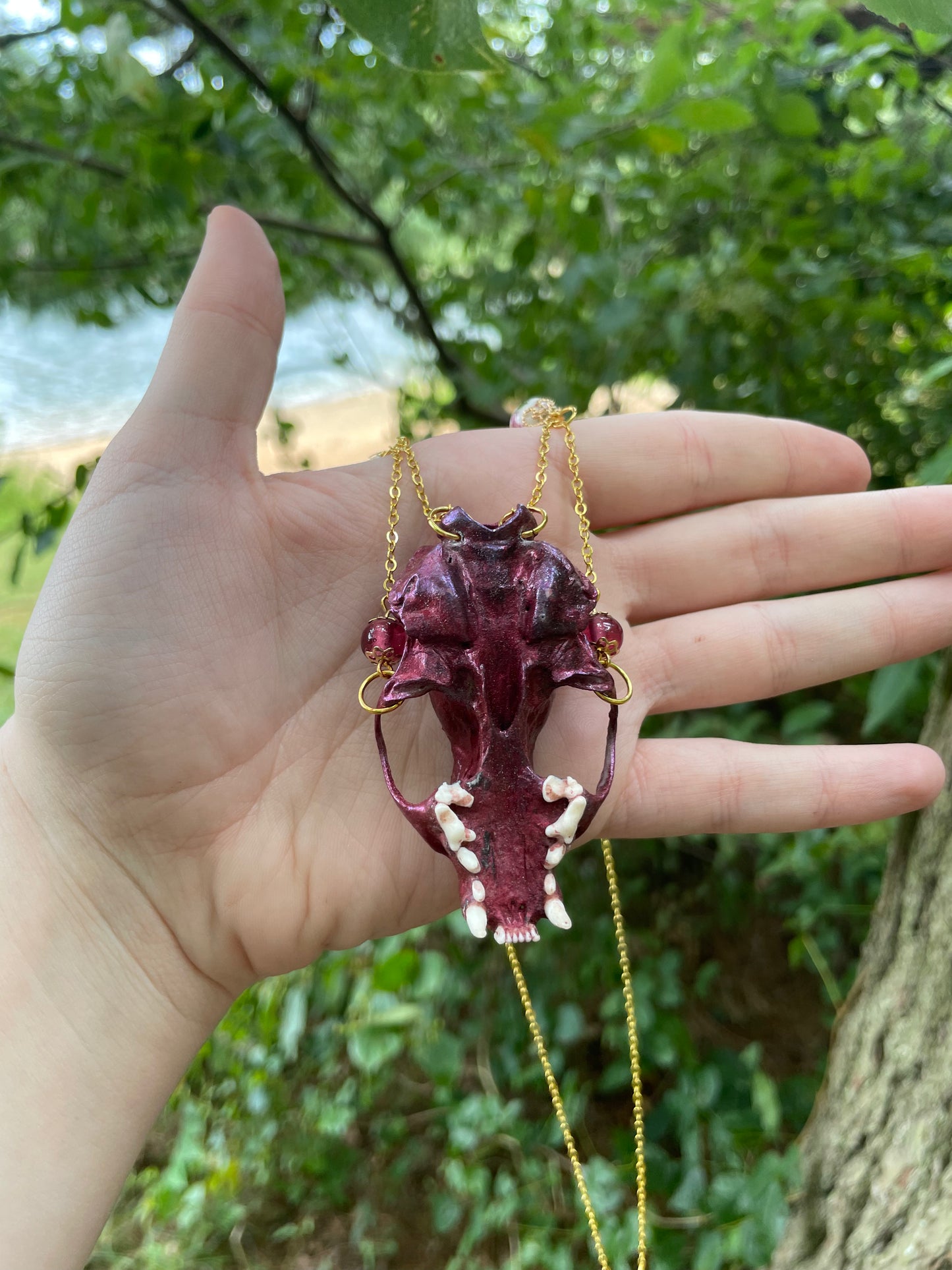 Metallic Burgundy Mink Skull Necklace